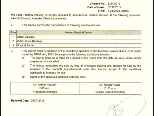HAFIZ PHARMA INDUSTRY - LICENCE TO MANAFACTURE MEDICAL DEVICES