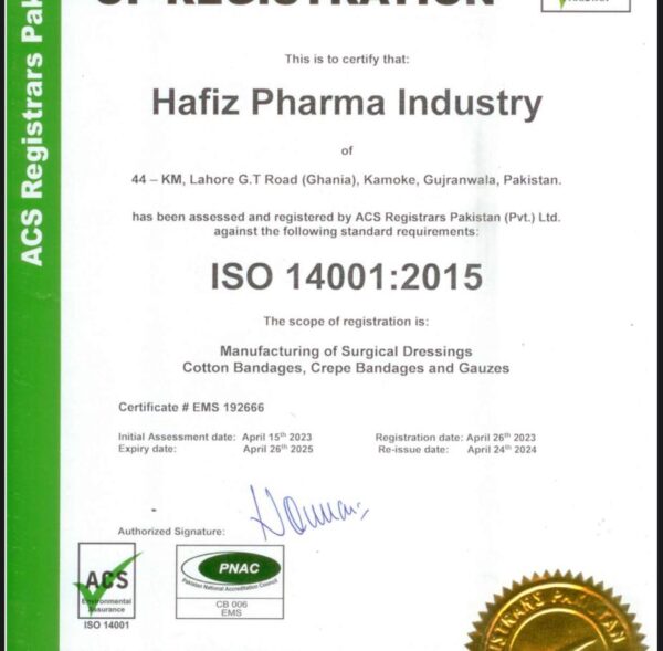 HAFIZ PHARMA INDUSTRY - ISO 14001-2015 CERTIFICATION