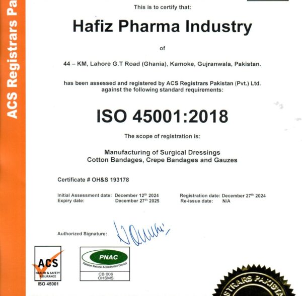 HAFIZ PHARMA INDUSTRY - ISO 45001-2018